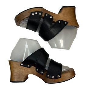 Vtg 1980's Candies Size 7 Platforms Sandals Black Leather Wood Chunky Heels Stud